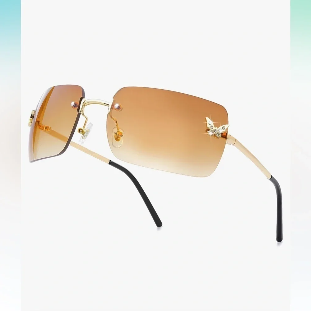 Rimless Y2K 2000’s style Gold Sunglasseswith rhinestone butterfly